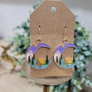 New 18k Gold Plated Crescent Moon Cabin Nature Wanderlust Cozy Enamel Earrings